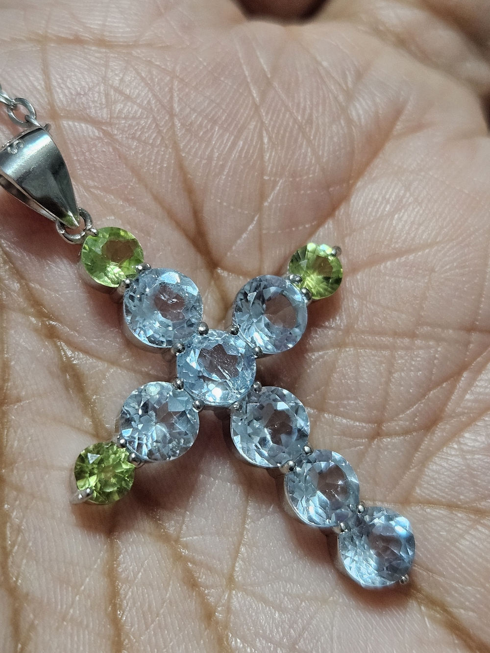 925S Blue Topaz and Peridot Cross Pendant Necklace